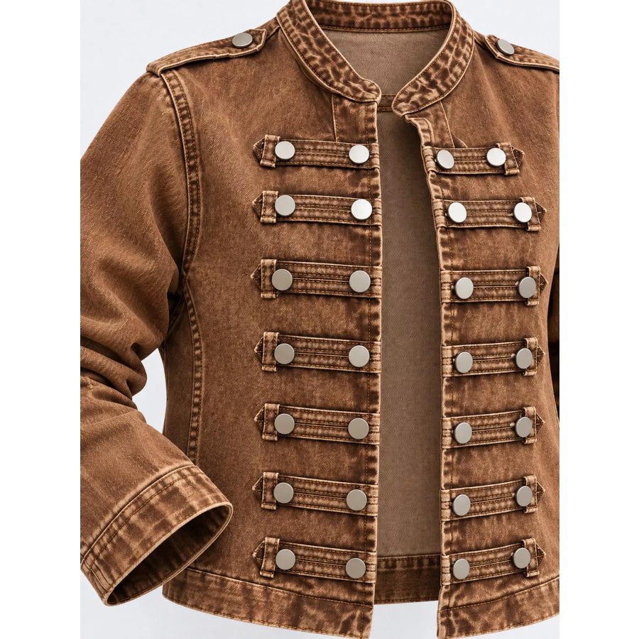 Decorative Button Cropped Denim Jacket Apparel and Accessories