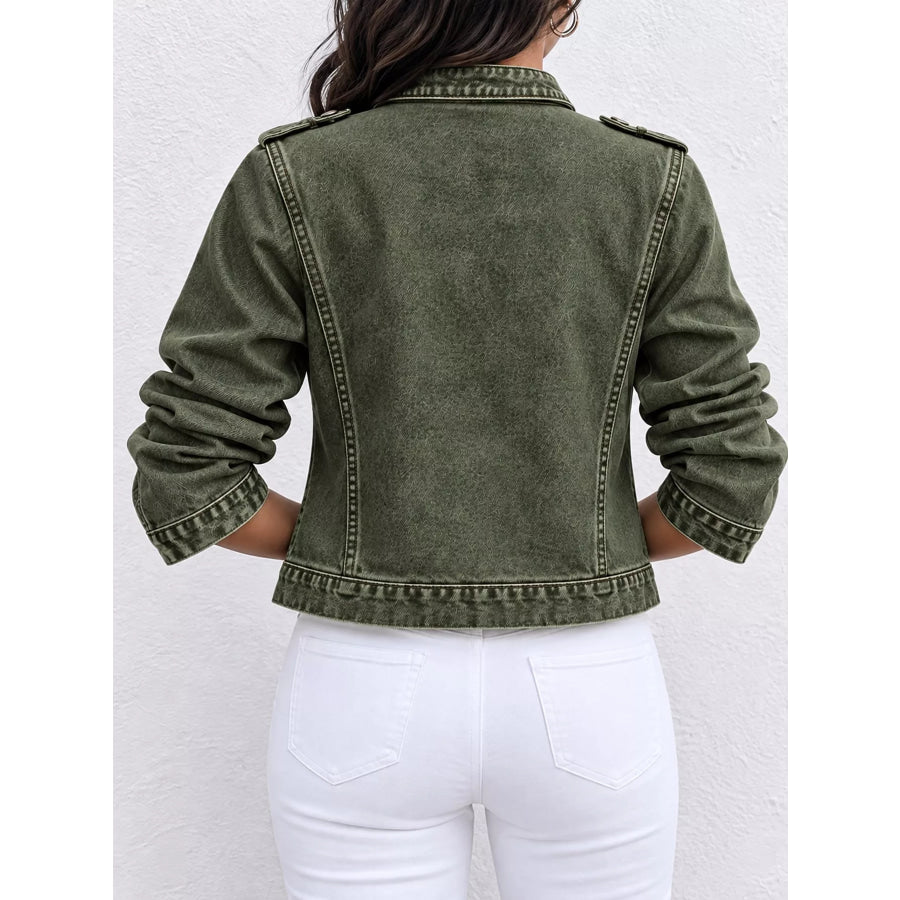 Decorative Button Cropped Denim Jacket Apparel and Accessories