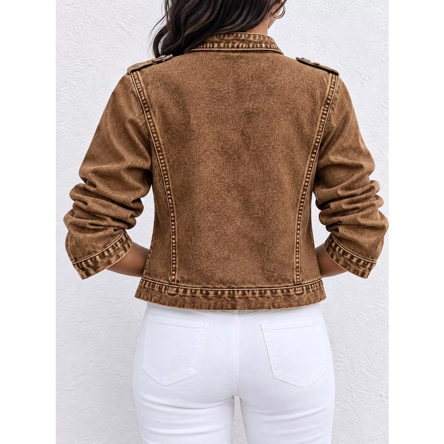 Decorative Button Cropped Denim Jacket Apparel and Accessories