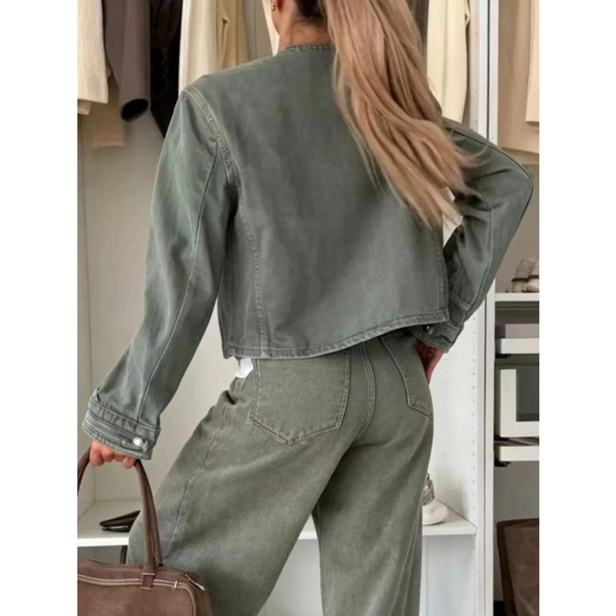 Decorative Button Cropped Denim Jacket Army Green / S Apparel and Accessories