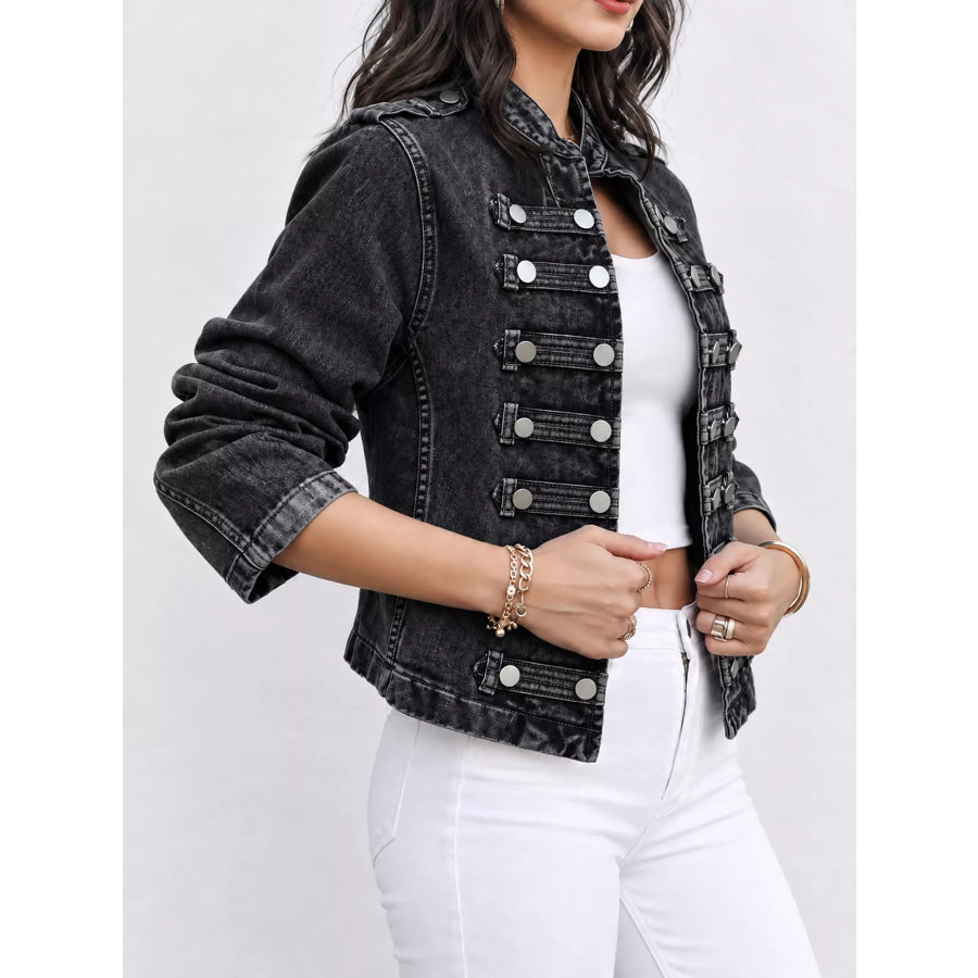 Decorative Button Cropped Denim Jacket Apparel and Accessories