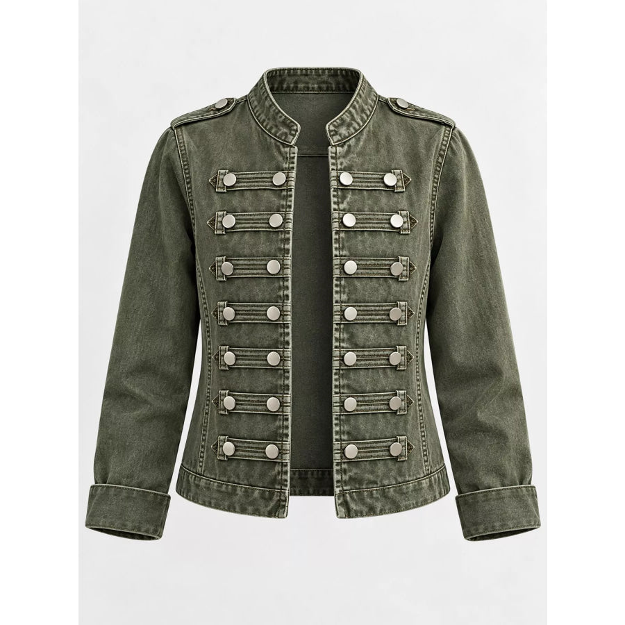 Decorative Button Cropped Denim Jacket Apparel and Accessories