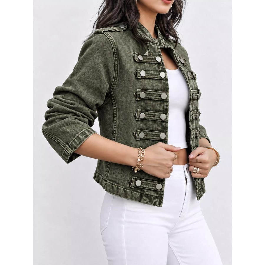 Decorative Button Cropped Denim Jacket Apparel and Accessories