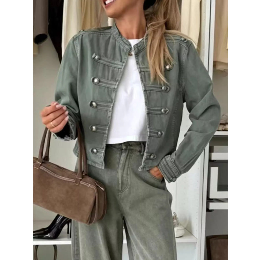 Decorative Button Cropped Denim Jacket Army Green / S Apparel and Accessories
