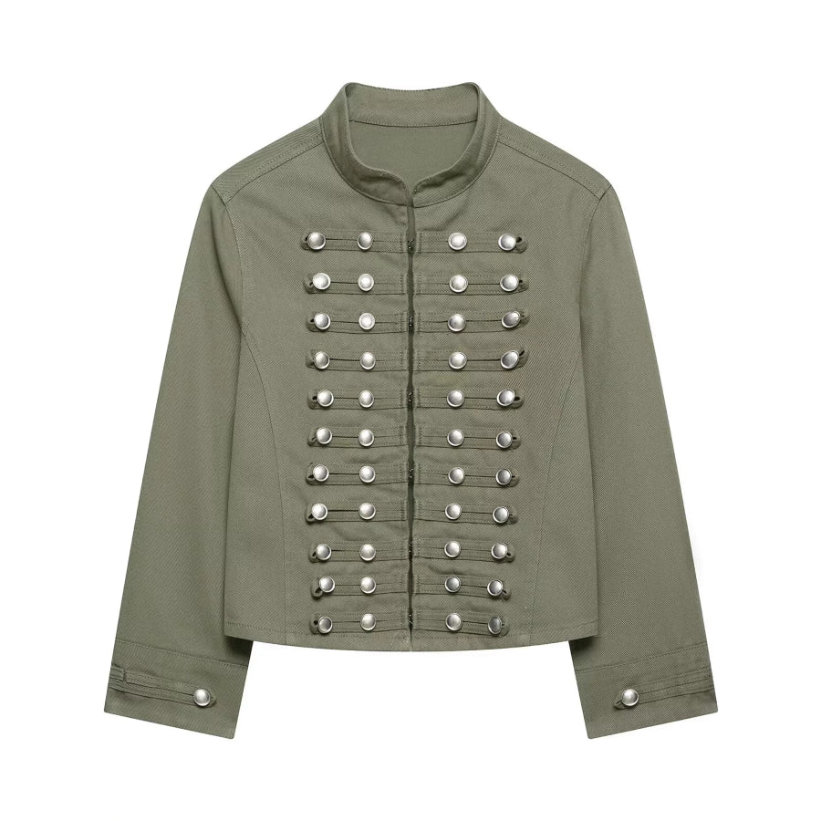 Decorative Button Cropped Denim Jacket Army Green / XS Apparel and Accessories
