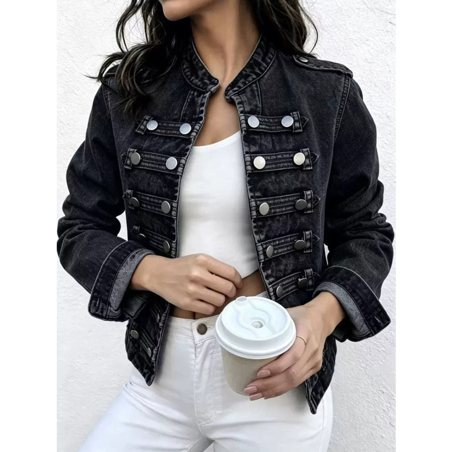 Decorative Button Cropped Denim Jacket Black / S Apparel and Accessories