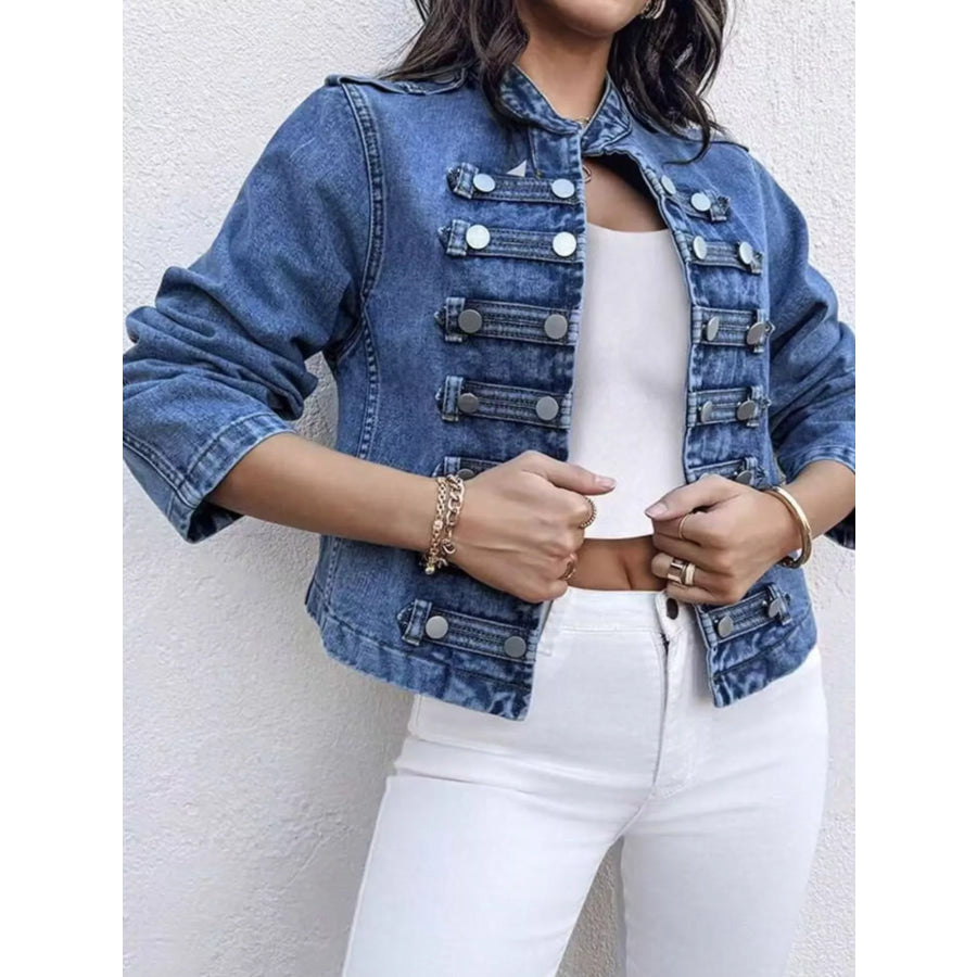 Decorative Button Cropped Denim Jacket Blue / S Apparel and Accessories