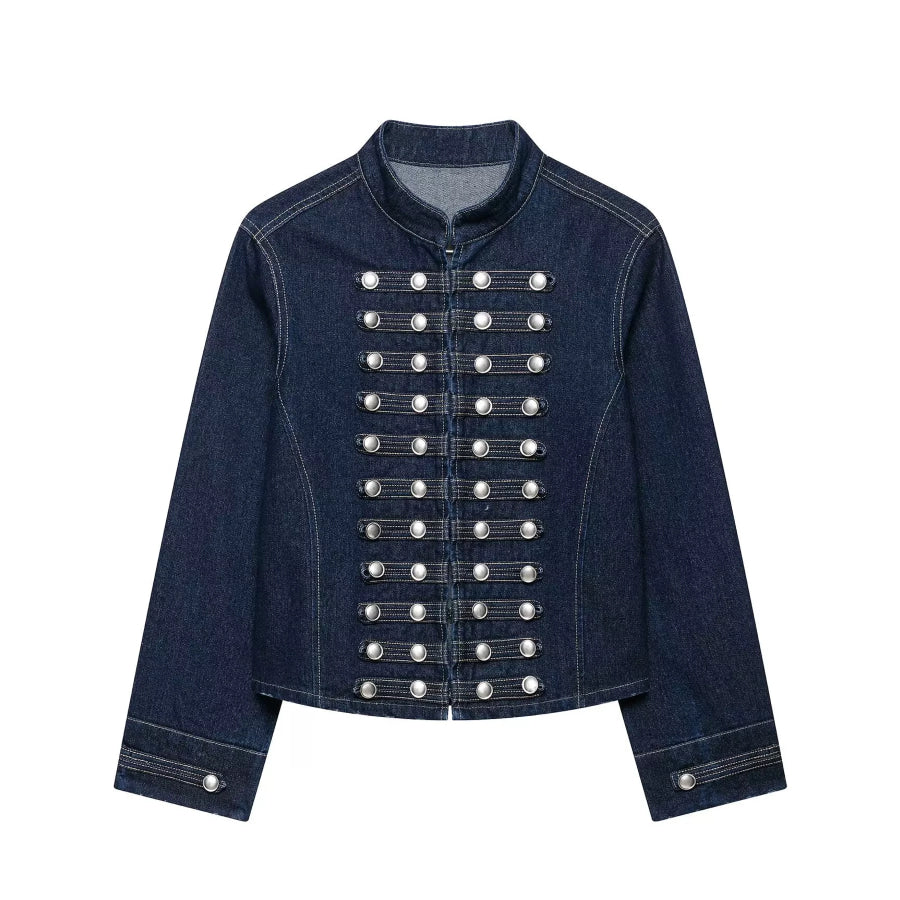 Decorative Button Cropped Denim Jacket Dark Blue / XS Apparel and Accessories