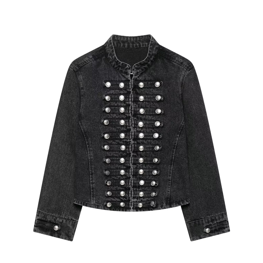 Decorative Button Cropped Denim Jacket Gray / XS Apparel and Accessories