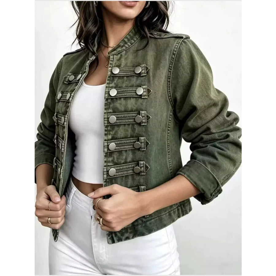 Decorative Button Cropped Denim Jacket Green / S Apparel and Accessories