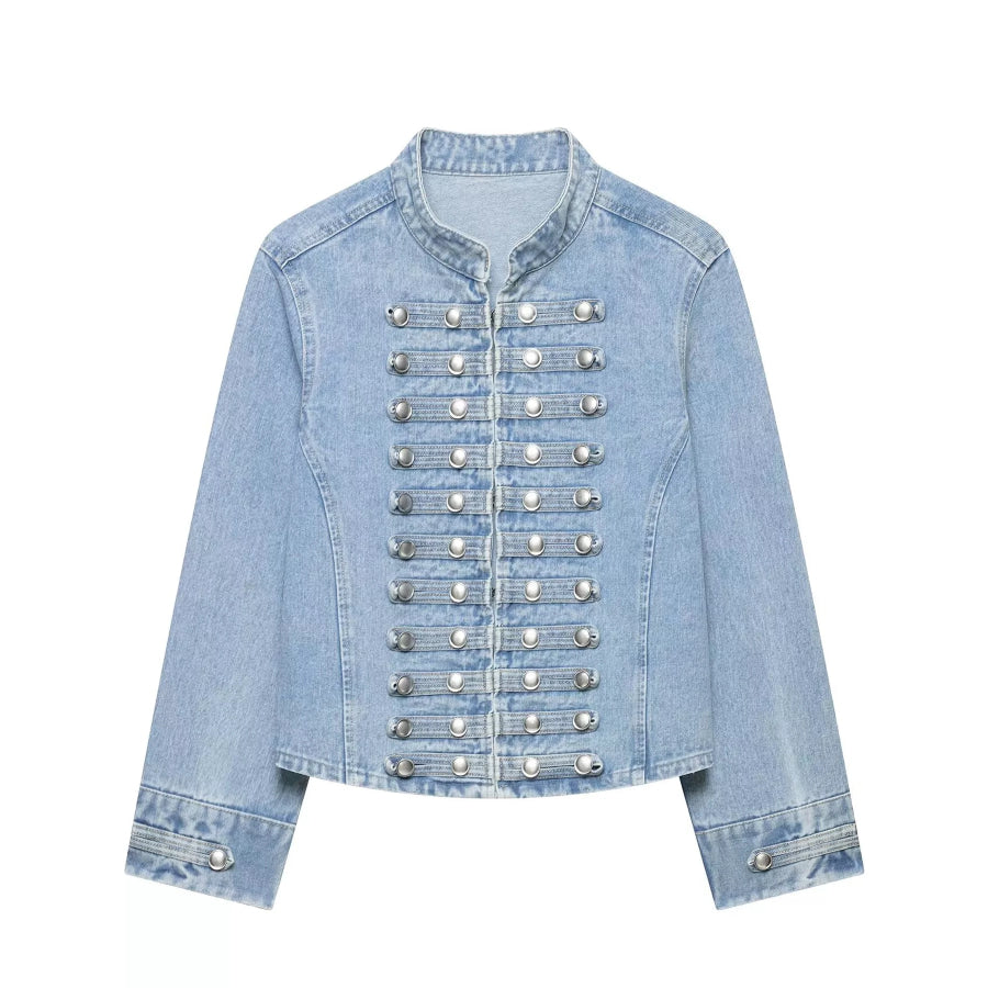 Decorative Button Cropped Denim Jacket Light Blue / XS Apparel and Accessories