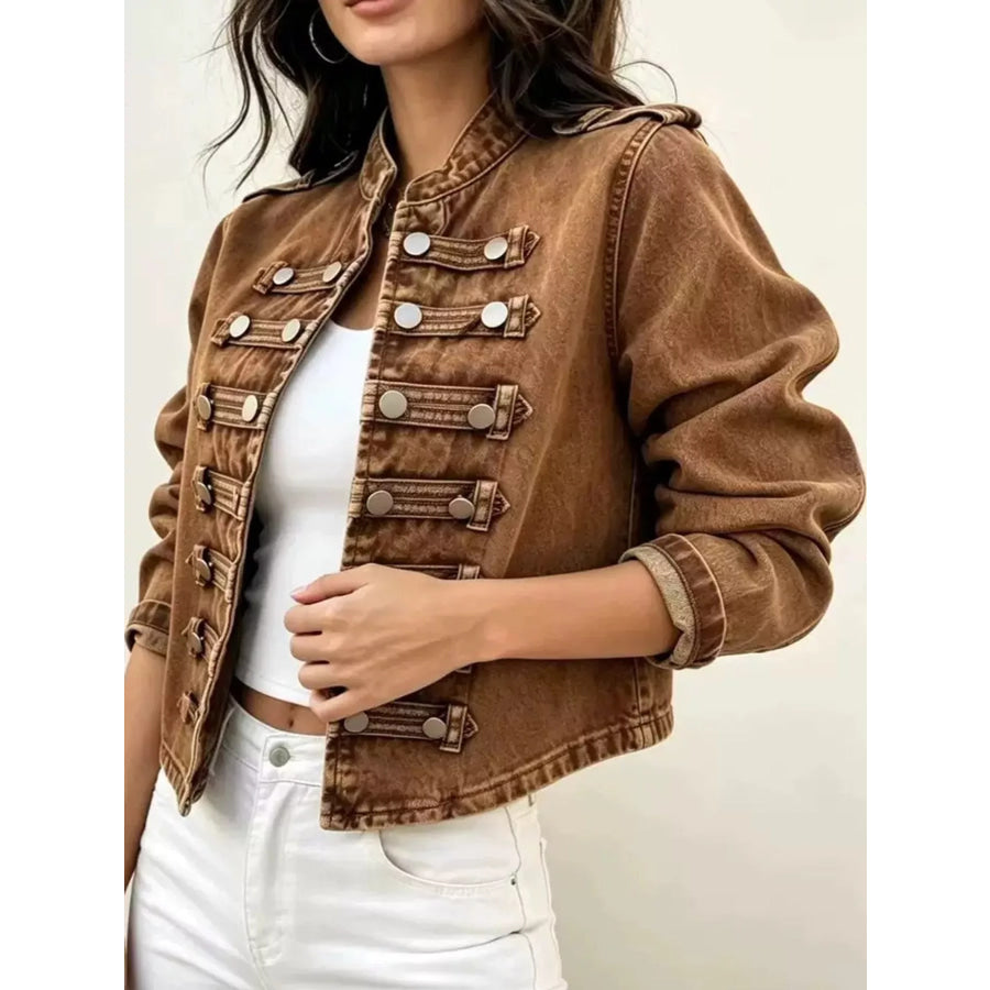 Decorative Button Cropped Denim Jacket Light Brown / S Apparel and Accessories