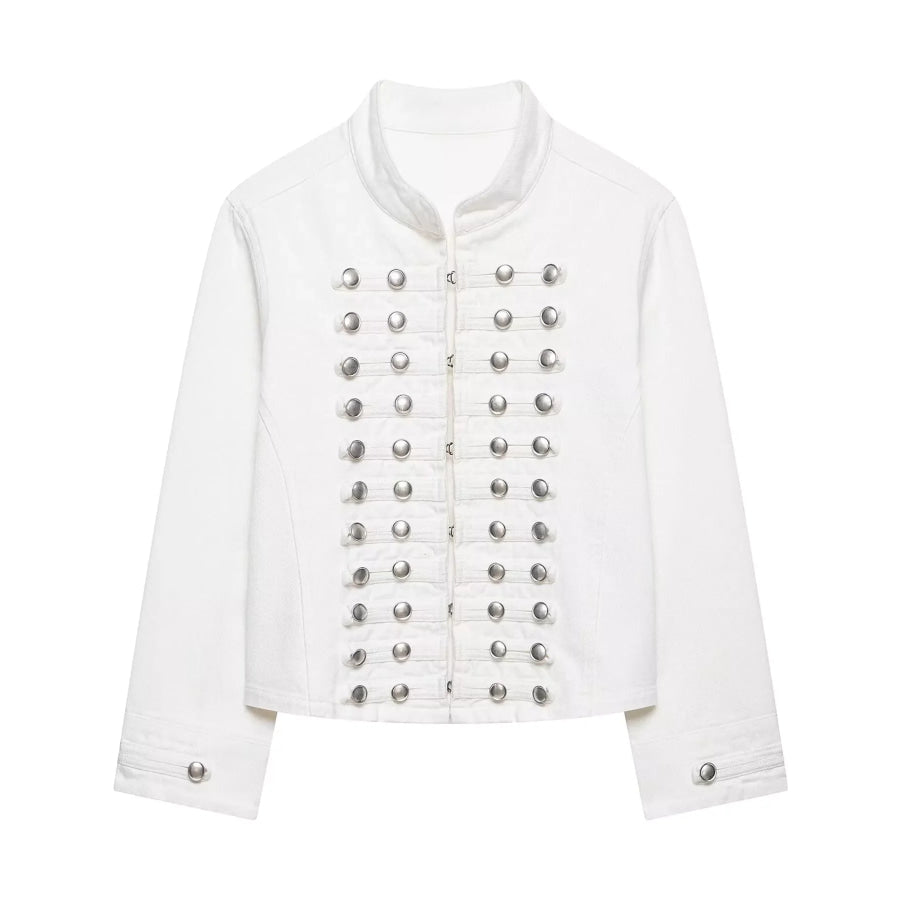 Decorative Button Cropped Denim Jacket White / XS Apparel and Accessories
