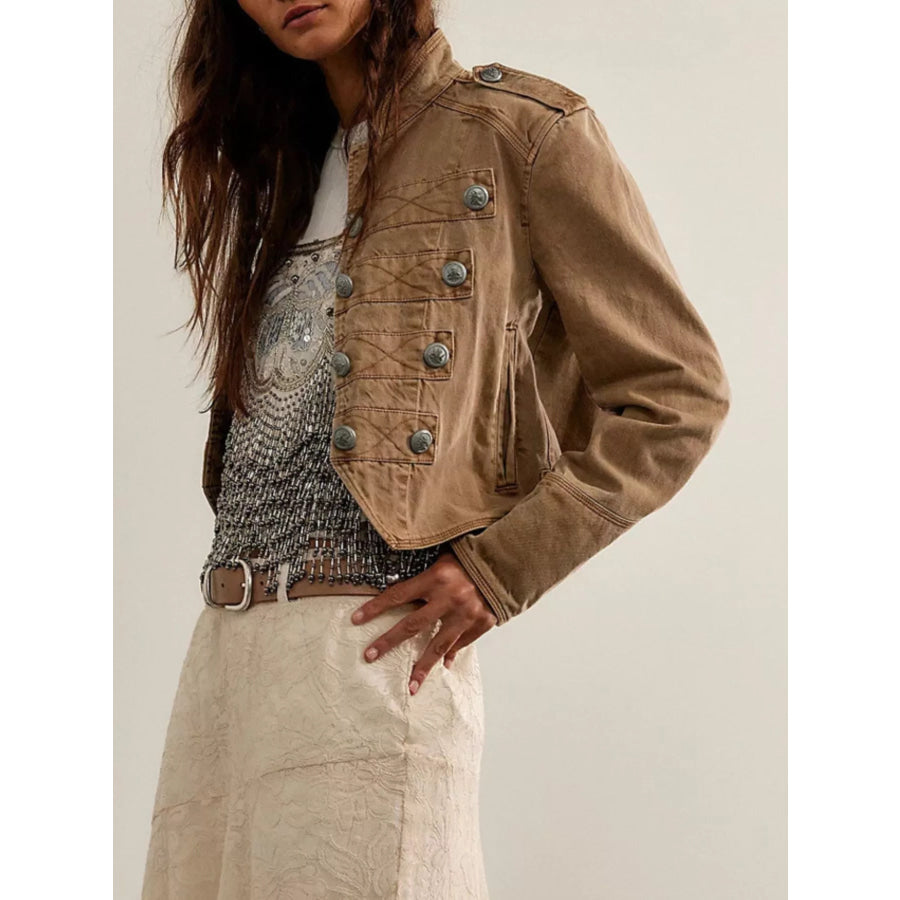 Decorative Button Cropped Jacket Apparel and Accessories