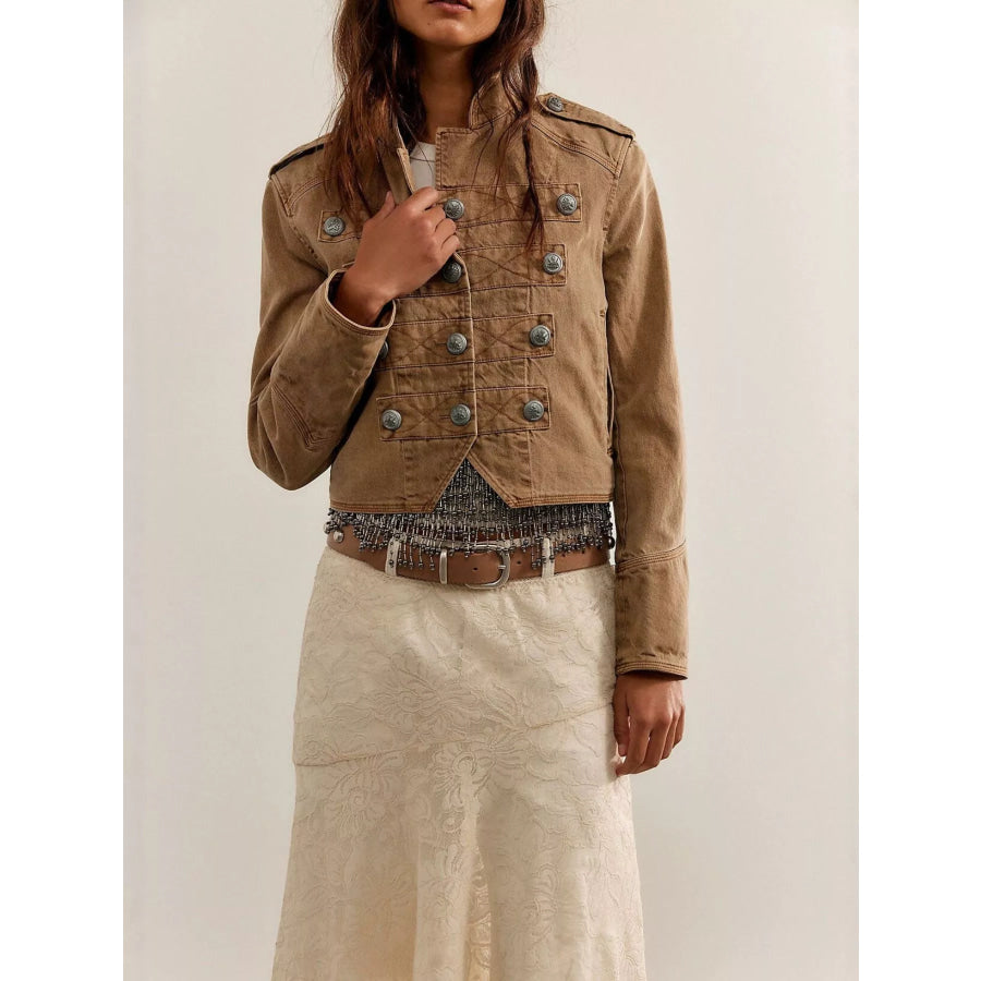 Decorative Button Cropped Jacket Apparel and Accessories