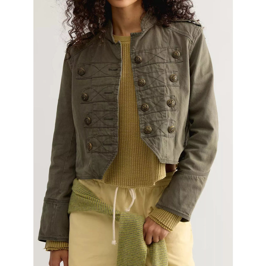 Decorative Button Cropped Jacket Apparel and Accessories