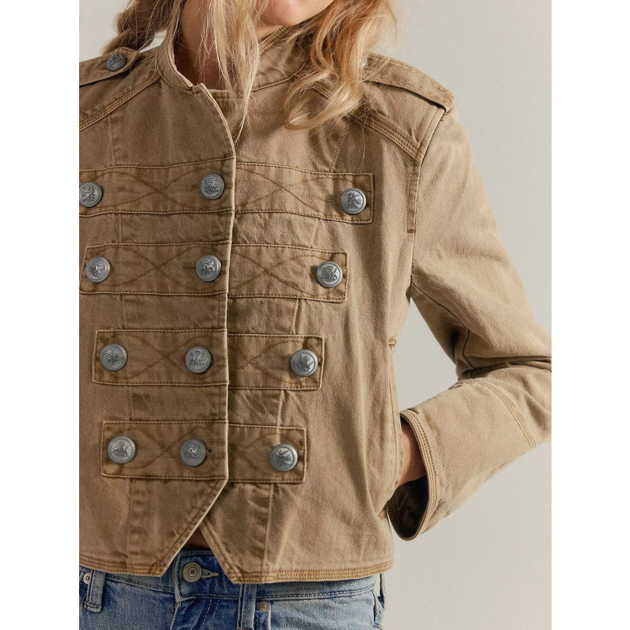 Decorative Button Cropped Jacket Apparel and Accessories