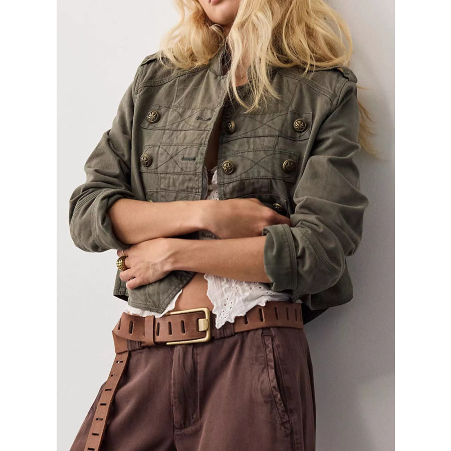 Decorative Button Cropped Jacket Army Green / S Apparel and Accessories