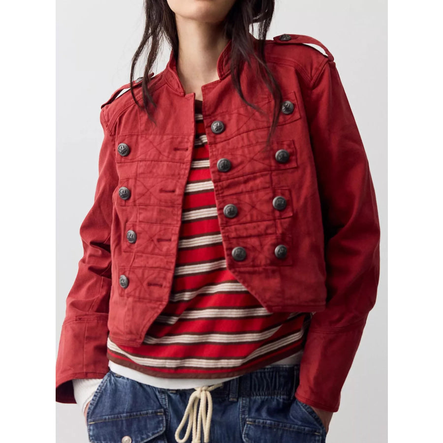 Decorative Button Cropped Jacket Red / S Apparel and Accessories