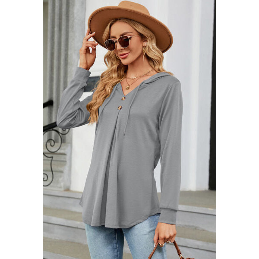 Decorative Button Drawstring Long Sleeve Hoodie Apparel and Accessories