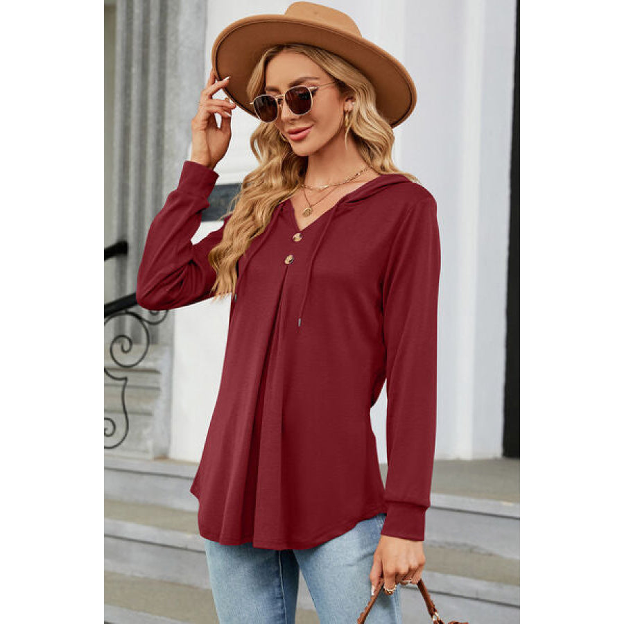 Decorative Button Drawstring Long Sleeve Hoodie Apparel and Accessories