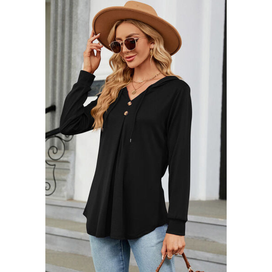 Decorative Button Drawstring Long Sleeve Hoodie Apparel and Accessories