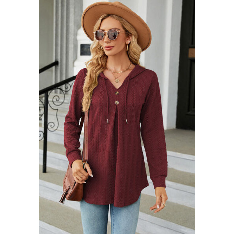 Decorative Button Drawstring Long Sleeve Hoodie Wine / S Apparel and Accessories