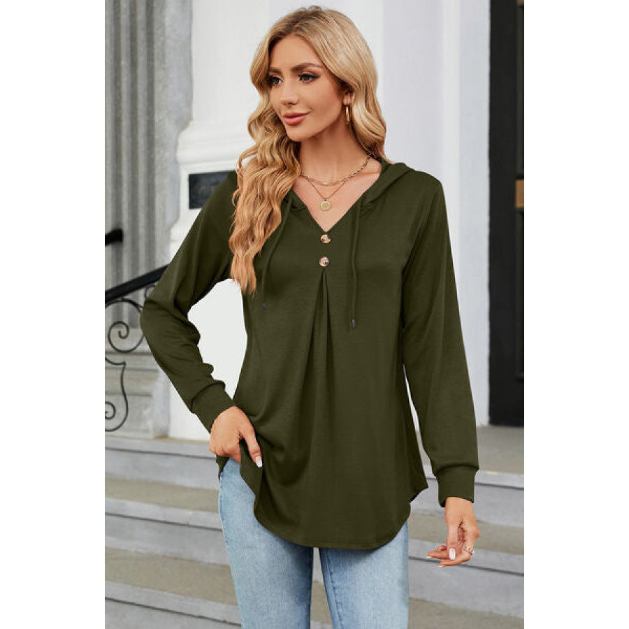 Decorative Button Drawstring Long Sleeve Hoodie Army Green / S Apparel and Accessories