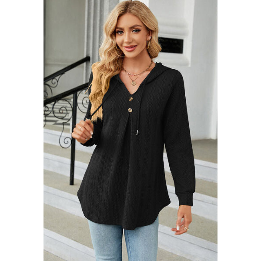 Decorative Button Drawstring Long Sleeve Hoodie Black / S Apparel and Accessories