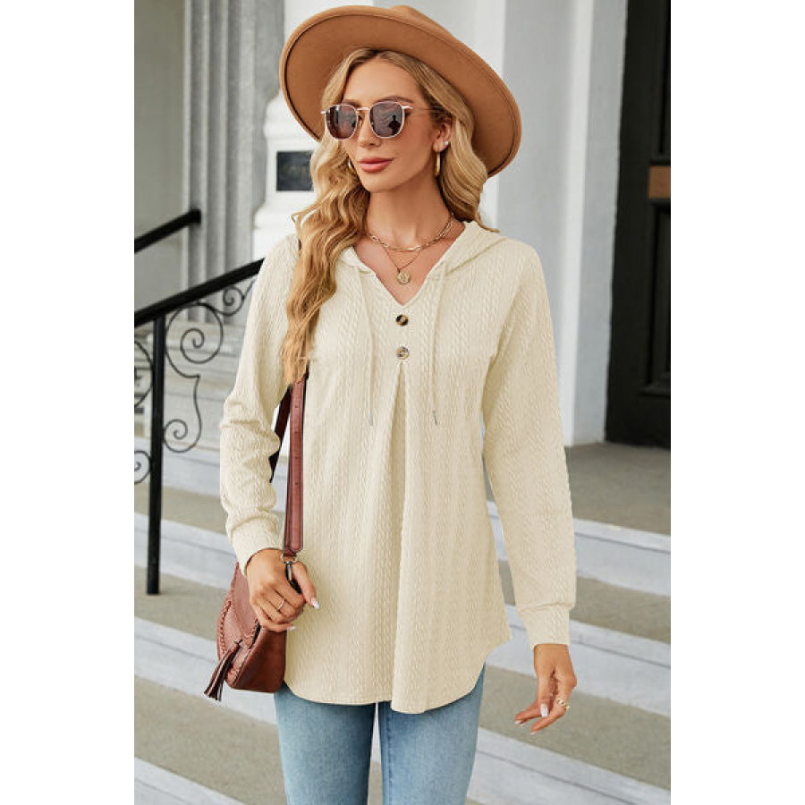 Decorative Button Drawstring Long Sleeve Hoodie Cream / S Apparel and Accessories