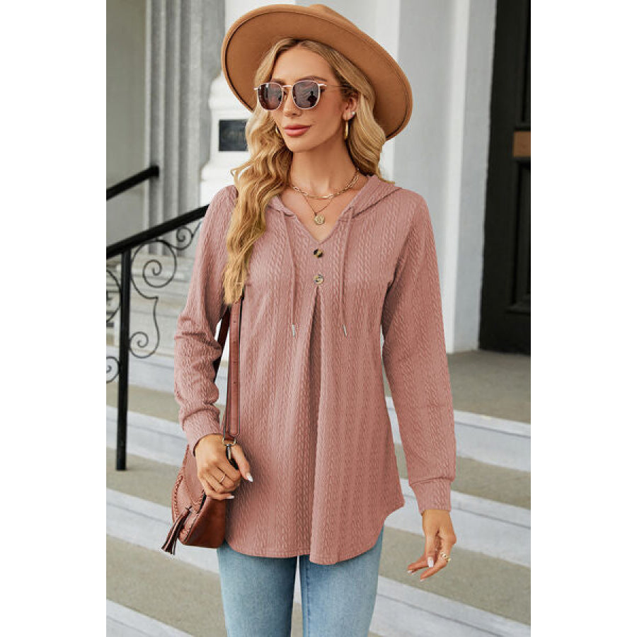 Decorative Button Drawstring Long Sleeve Hoodie Light Mauve / S Apparel and Accessories