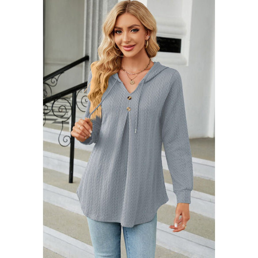 Decorative Button Drawstring Long Sleeve Hoodie Misty Blue / S Apparel and Accessories