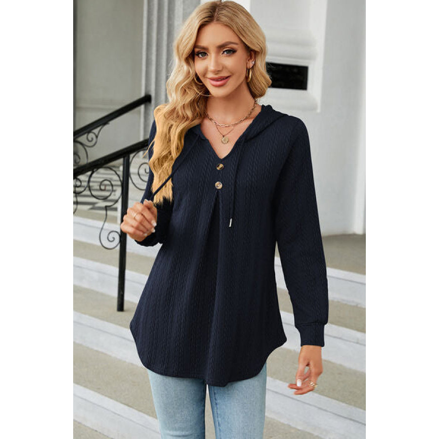 Decorative Button Drawstring Long Sleeve Hoodie Navy / S Apparel and Accessories