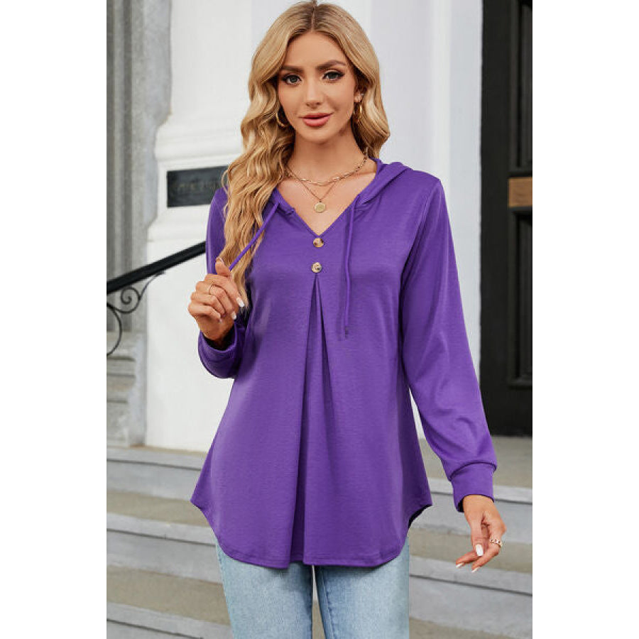 Decorative Button Drawstring Long Sleeve Hoodie Purple / S Apparel and Accessories