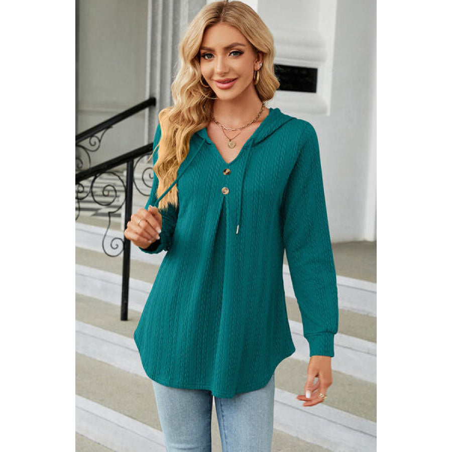 Decorative Button Drawstring Long Sleeve Hoodie Teal / S Apparel and Accessories