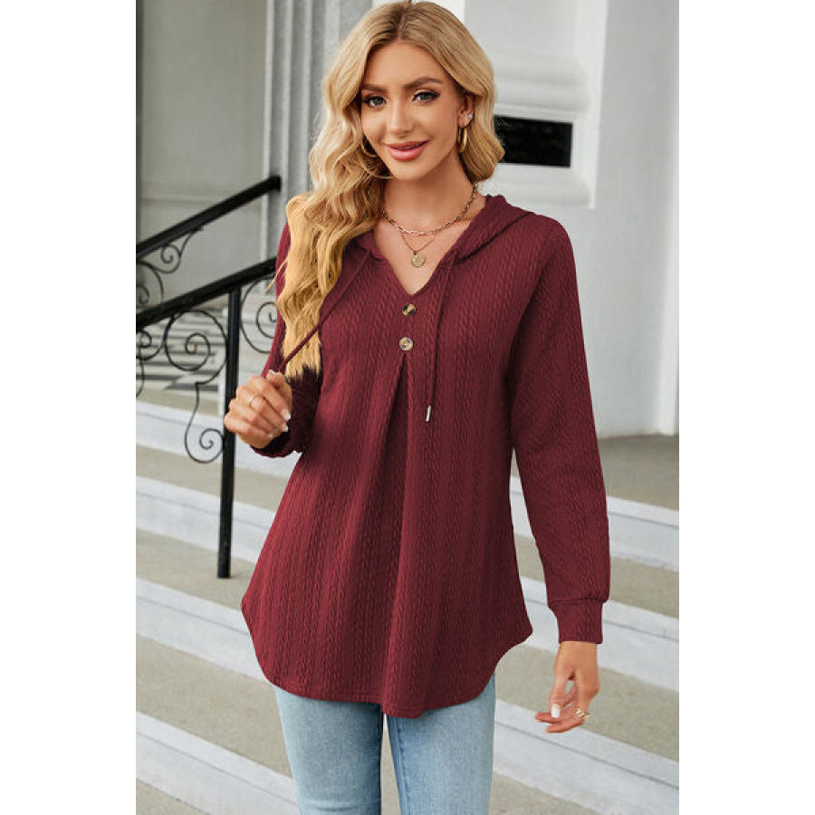 Decorative Button Drawstring Long Sleeve Hoodie Wine / S Apparel and Accessories