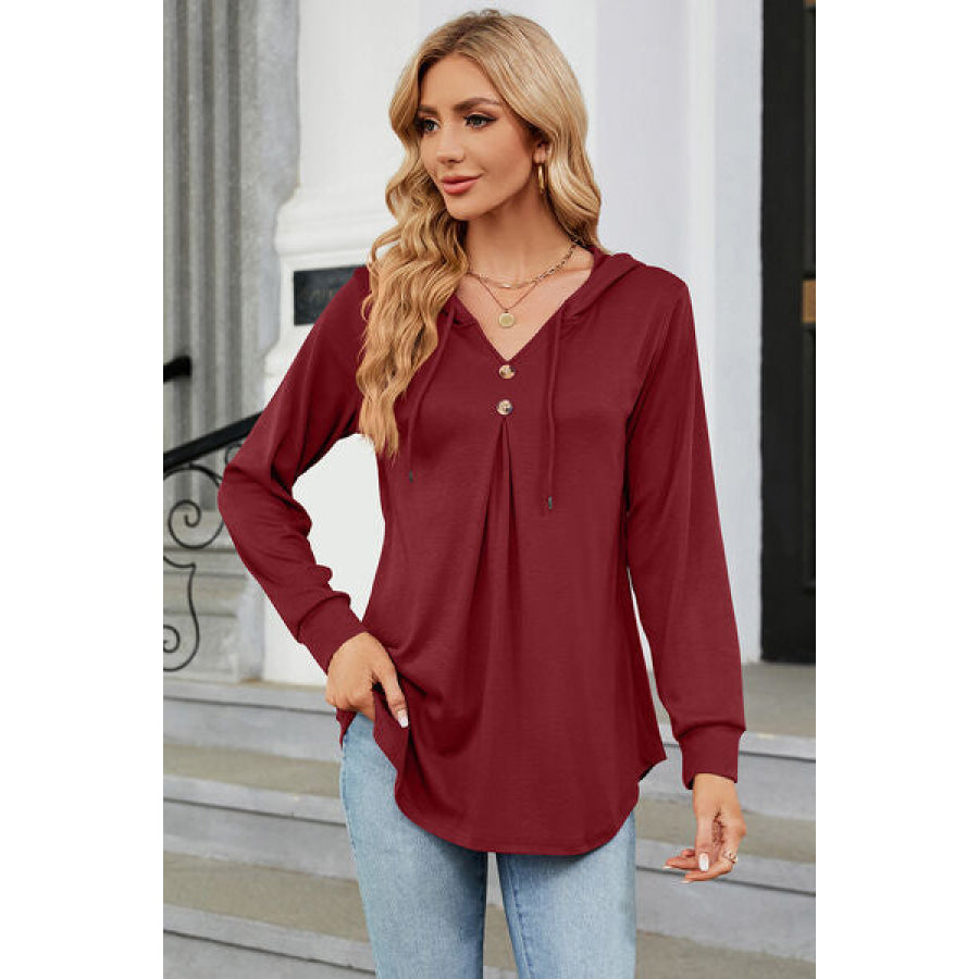 Decorative Button Drawstring Long Sleeve Hoodie Wine / S Apparel and Accessories