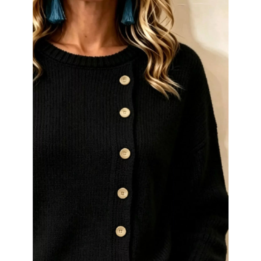 Decorative Button Dropped Shoulder Sweater Apparel and Accessories