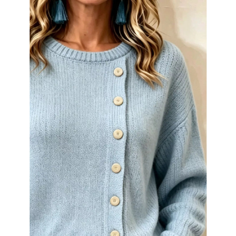 Decorative Button Dropped Shoulder Sweater Apparel and Accessories