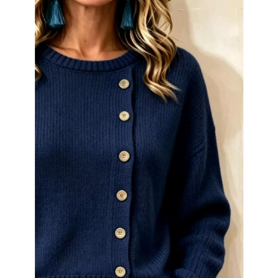 Decorative Button Dropped Shoulder Sweater Apparel and Accessories