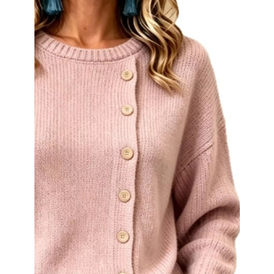 Decorative Button Dropped Shoulder Sweater Apparel and Accessories