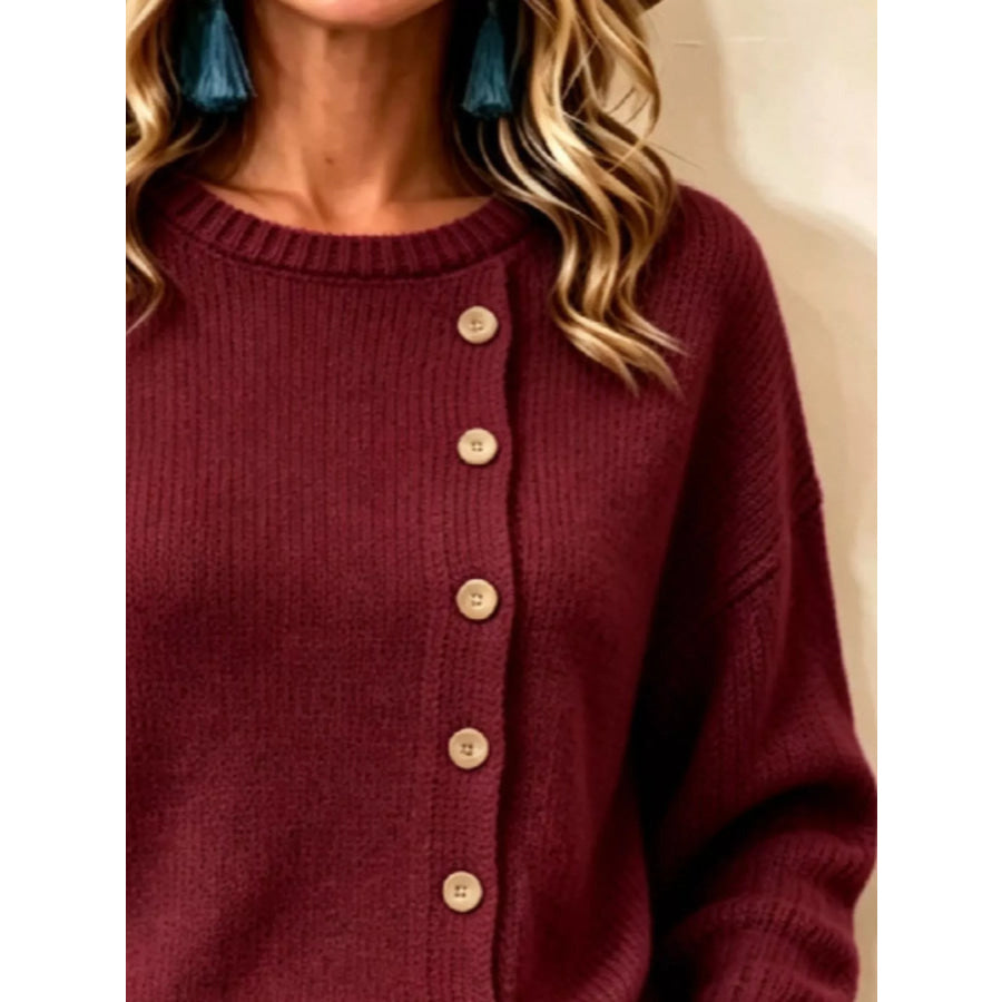 Decorative Button Dropped Shoulder Sweater Apparel and Accessories