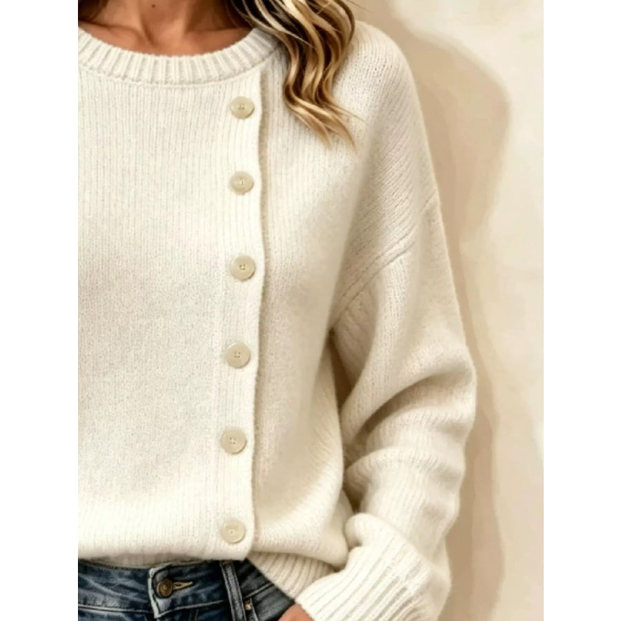 Decorative Button Dropped Shoulder Sweater Apparel and Accessories