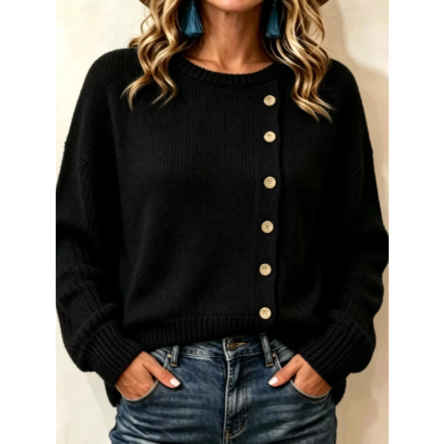 Decorative Button Dropped Shoulder Sweater Black / S Apparel and Accessories