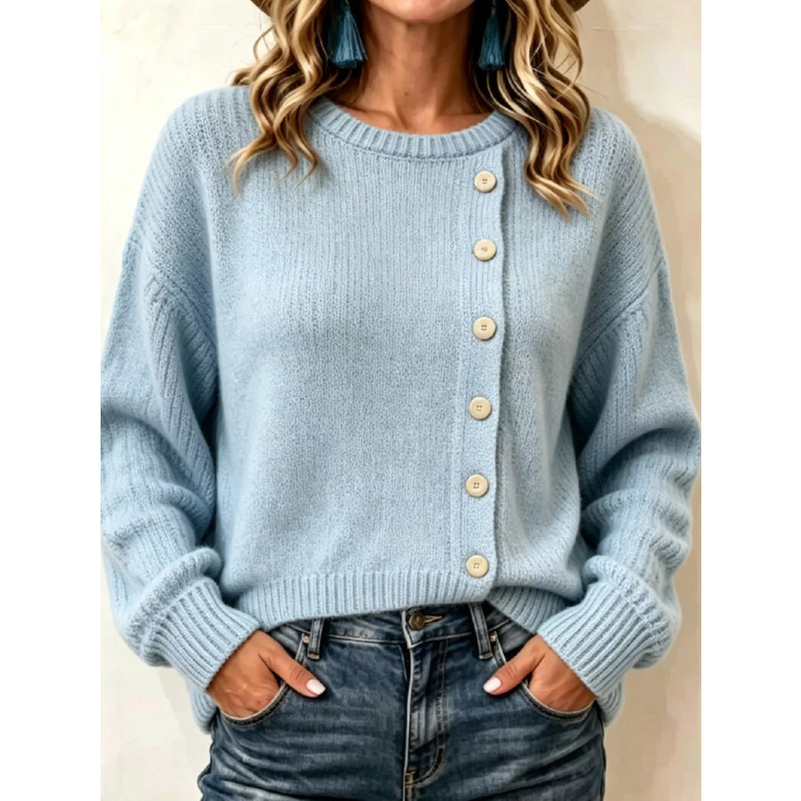 Decorative Button Dropped Shoulder Sweater Blue / S Apparel and Accessories