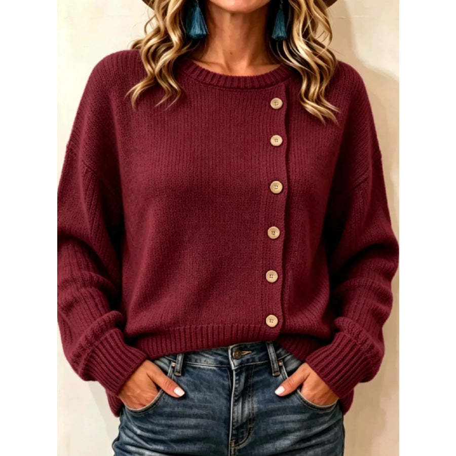 Decorative Button Dropped Shoulder Sweater Burgundy / S Apparel and Accessories