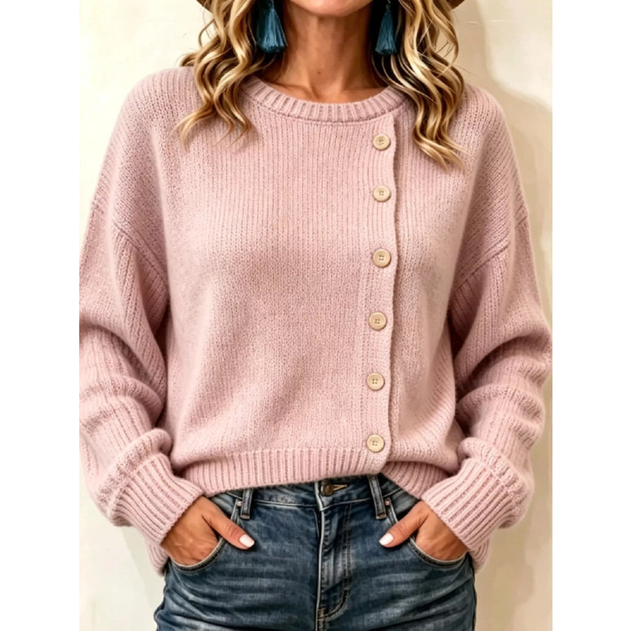 Decorative Button Dropped Shoulder Sweater Pink / S Apparel and Accessories