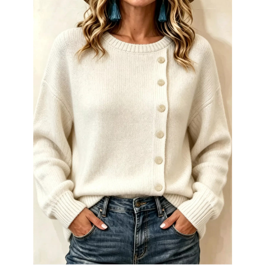 Decorative Button Dropped Shoulder Sweater White / S Apparel and Accessories