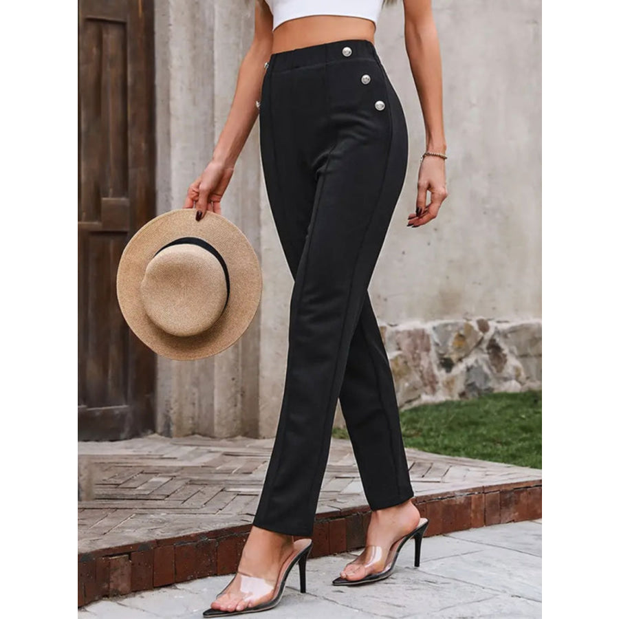 Decorative Button Elastic Waist Pants Apparel and Accessories