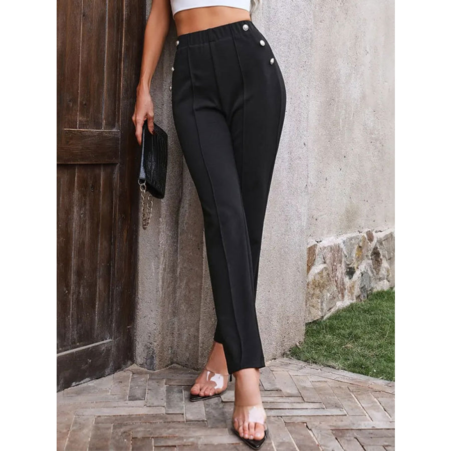 Decorative Button Elastic Waist Pants Apparel and Accessories